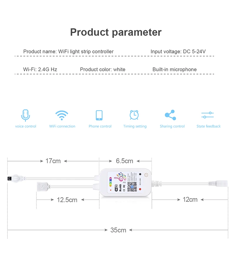 Description Picture 6 of itemTuya LED Strip Controller,Homekit Smart Home RGB Led Controller,DC interface/4pin Wifi Switch for 12V 5050/2835 COB Neon Light