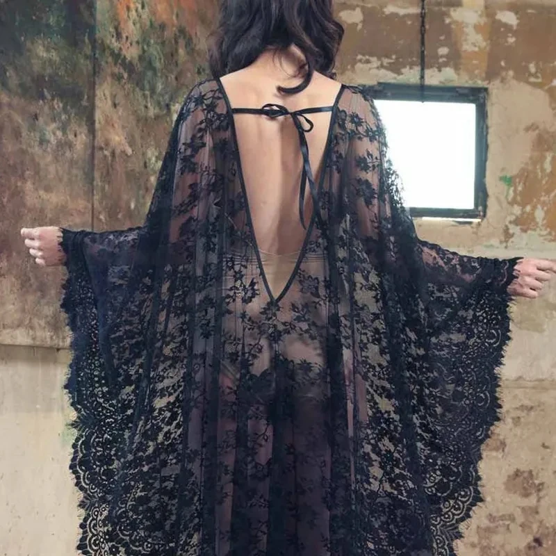 V-Neck White Summer Beach Coat Female Lace Openwork Loose Plus Size Long Dress Swimsuit Smock Sunscreen Holiday Dress Sexy Black