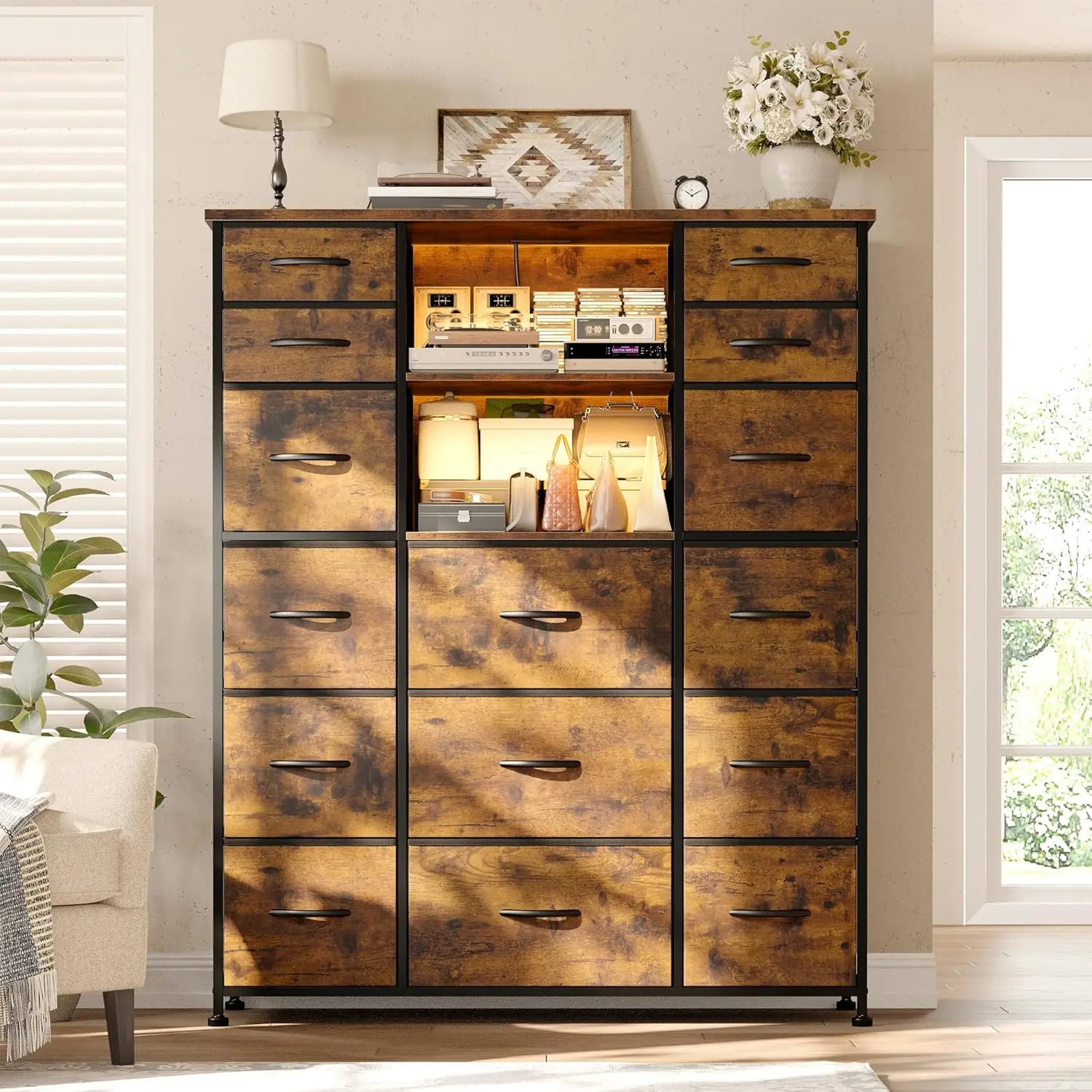 EnHomee 15 Drawer Dresser for Bedroom with Hutch 51" H Tall Dressers with Charging Station & LED Lights Sturdy Fabric Bedroom Dr 2