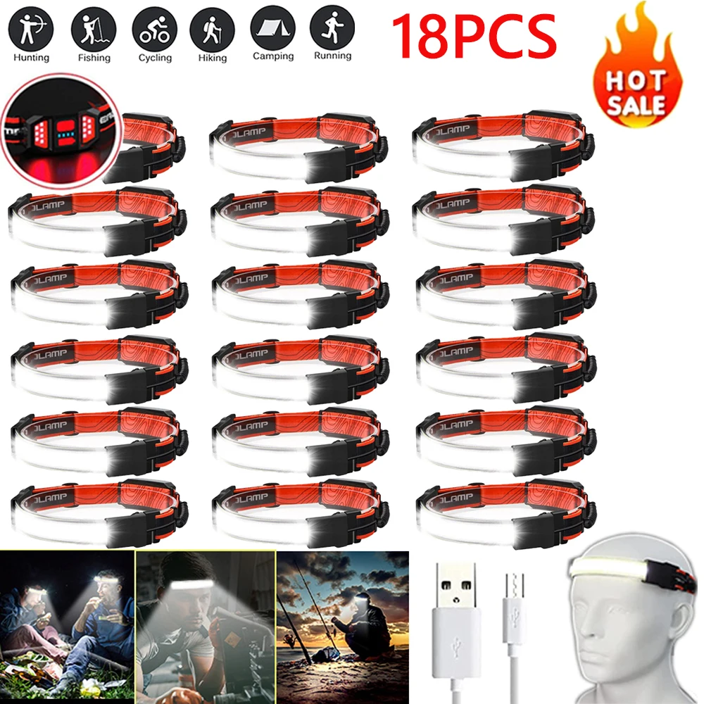 

USB Powerfull Headlamp Rechargeable LED Headlight Body Motion Sensor Head Flashlight Camping Torch Light Lamp With Red Taillight