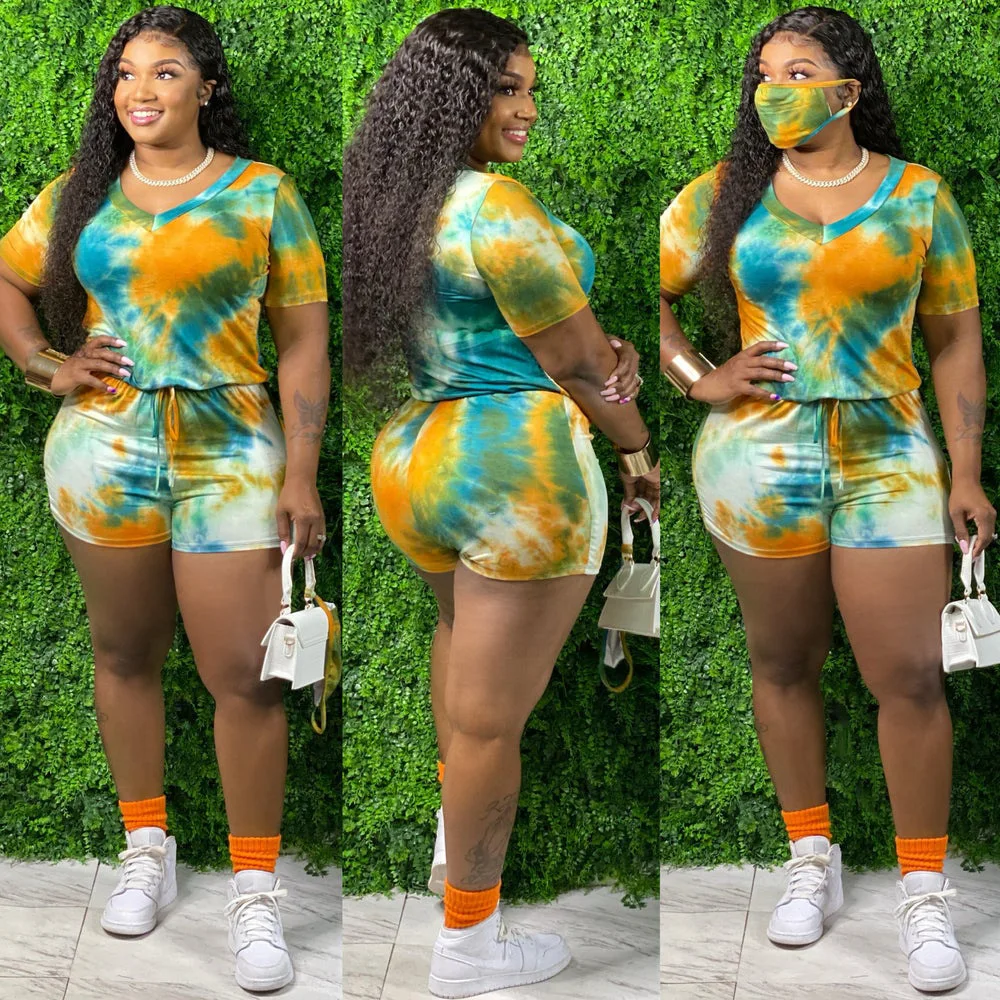 Plus Size Women Jumpsuit Tie Dye One Piece Outfit Summer Casual Lady Tracksuit Sexy V Neck Clothing 2022 Fashion Short Pant