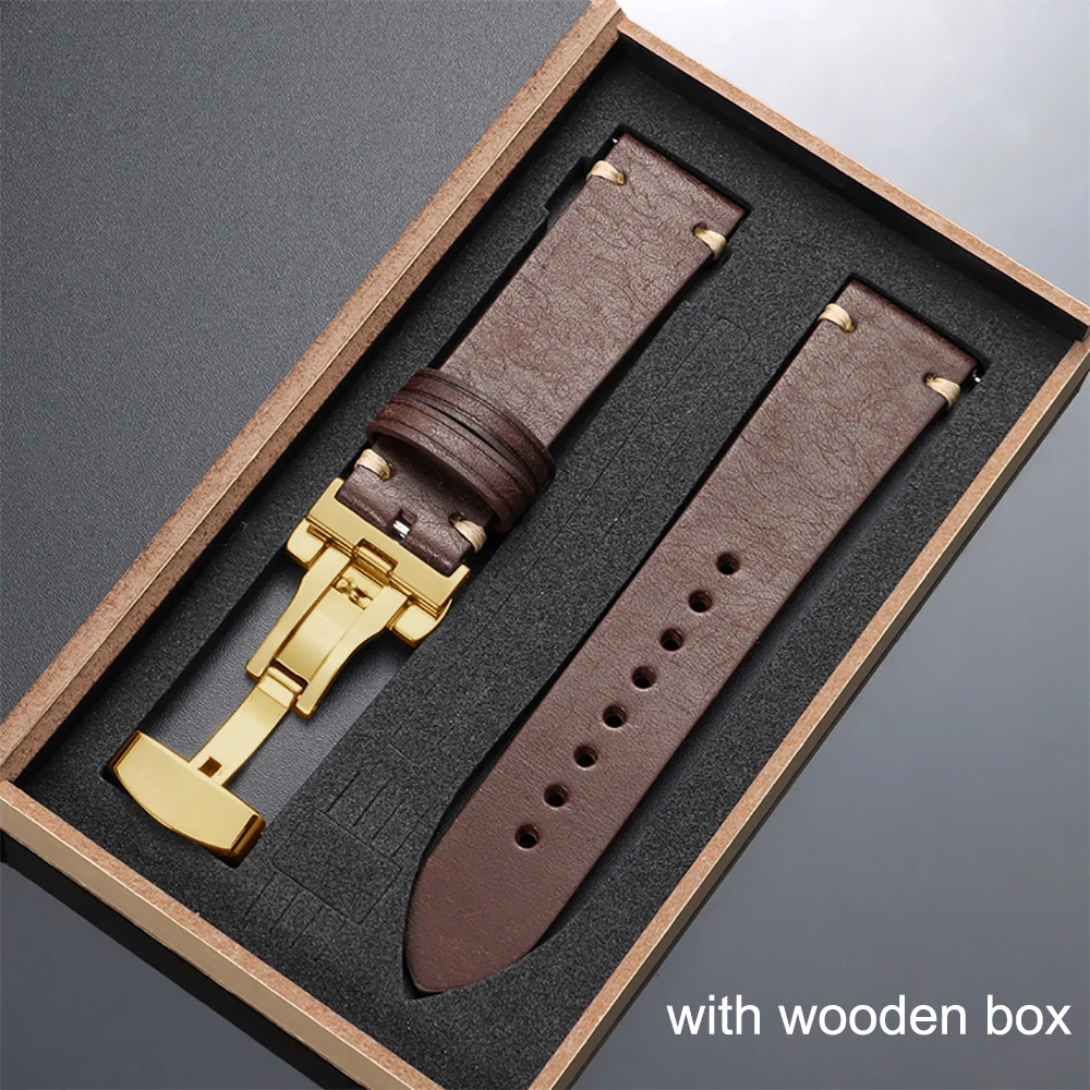 Elegant Top-Grain Leather Watch Band with Butterfly Buckle and Gift Box