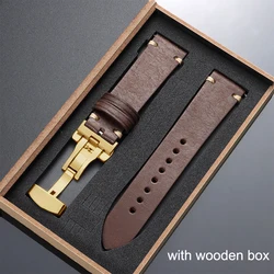 Elegant Top - Grain Leather Watch Band with Butterfly Buckle and Gift Box - 22mm (Brown - Gold)