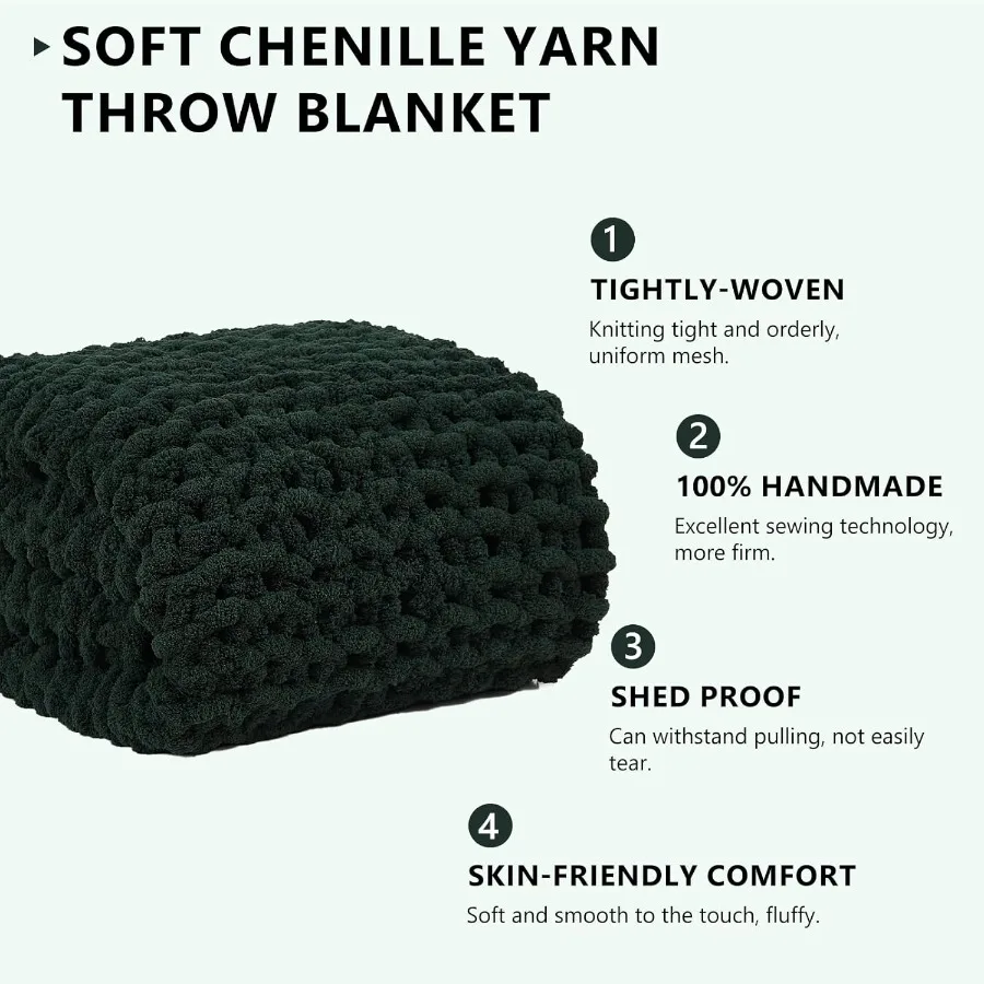 Chunky Knit Blanket Throw: 80''x90'' Chenille Chunky Knitted Throw Blanket for Bed Couch Handmade Thick Big Cable Knit Blanket