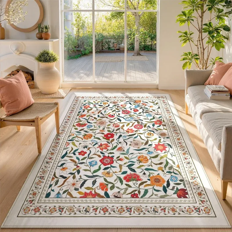 Green Living Room Carpet Large Area Retro Light Luxury Floral Print Bedroom Rug Machine Washable Foldable Coffee Table Mat Ковер