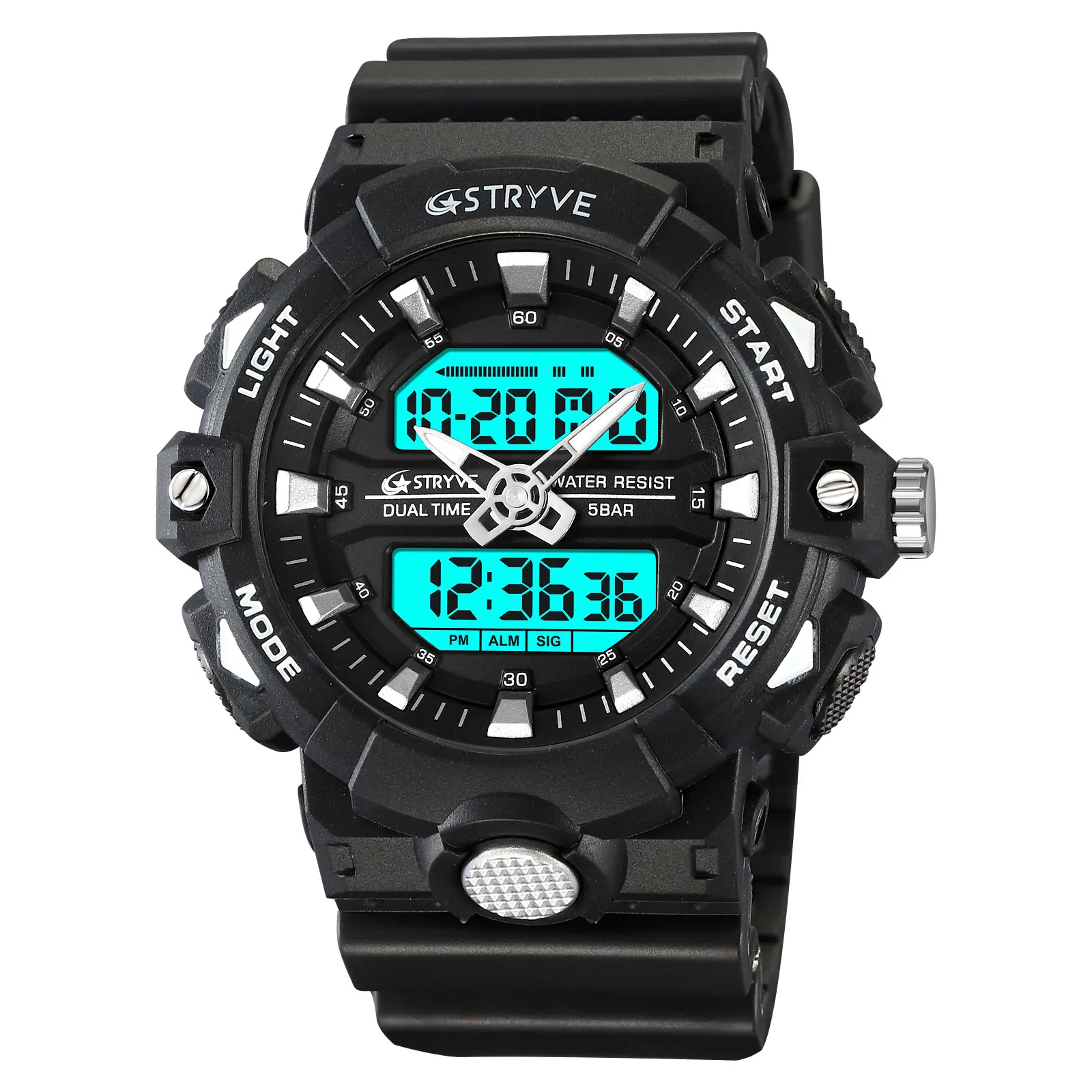 STRYVE Brand Men Sports Watches Dual Display Analog Digital LED Electronic Quartz Wristwatches 50m Waterproof Watch 8027