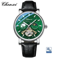CHENXI Skeleton Tourbillon Mechanical Watches For Man Fully Automatic Luminous Moon Phase Chronograph Men's Watch