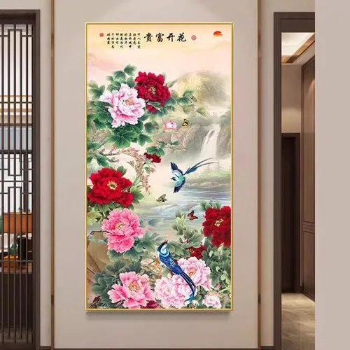 thumbnail image 1 of Pintura decorativa de flores de peonía rica, pintura para pasillo, placa vertical para colgar, pintura de paisaje, decoración del hogar, 1 of 5