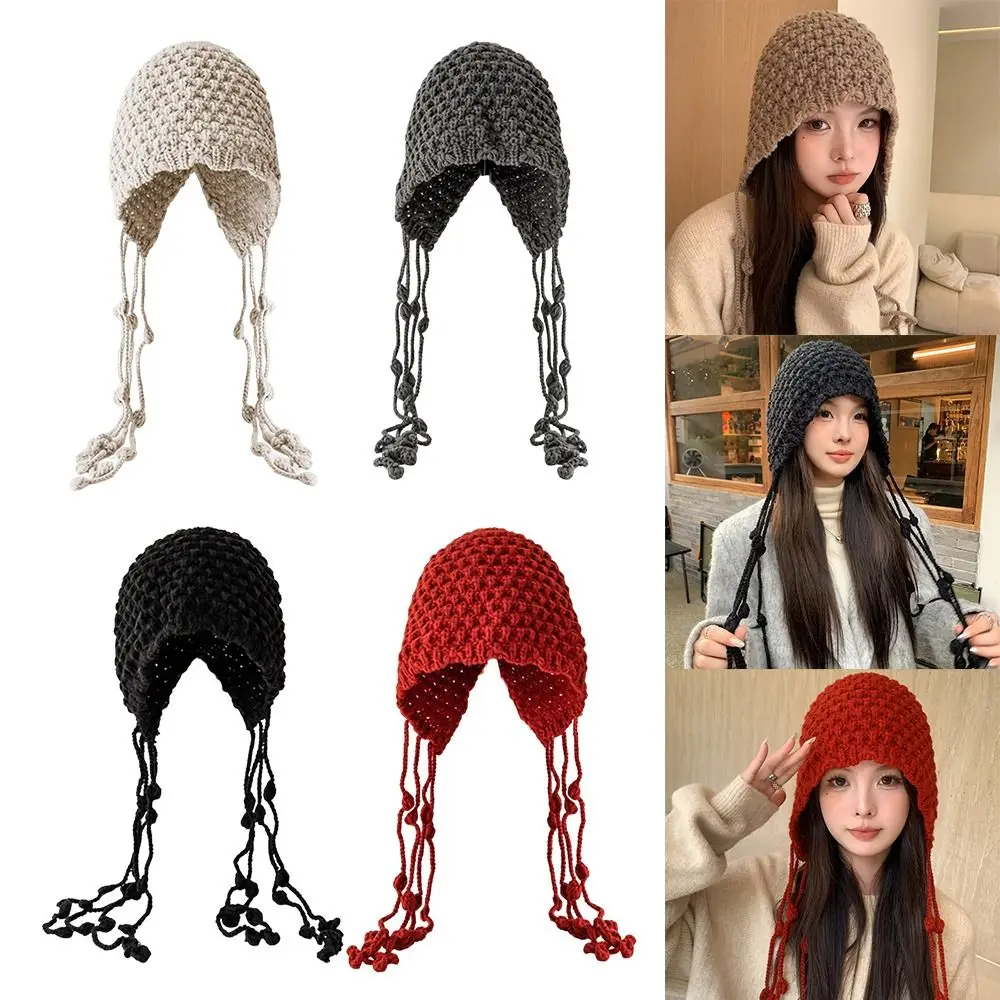 

Wool Knitted Hat Cute Tassel Warm Pullover Hat Handmade Windproof Ear Protection Hat New Year's