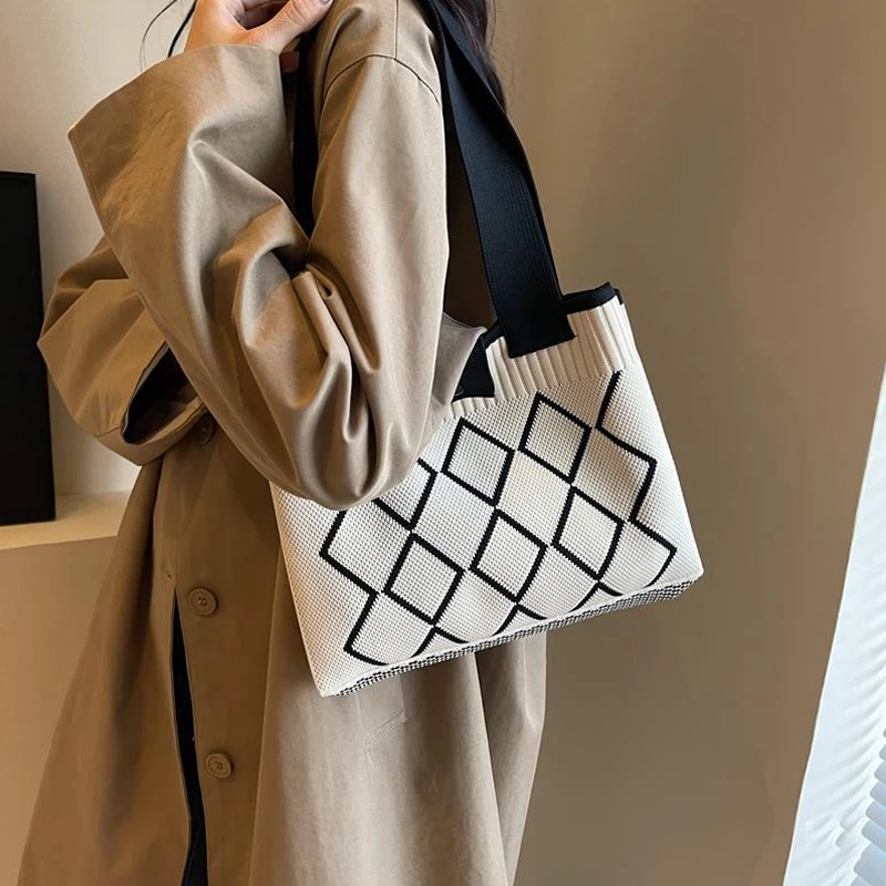 Candy Color Knitted Mobile Phone Bag Rhombic Design Woven Small Shopper Handbag Shoulder Crossbody Bag For Women