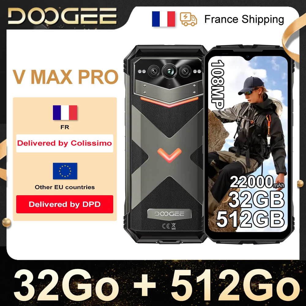 DOOGEE V MAX PRO robusto Smartphone 5G schermo 6.58Hz 32 + 512go-batteria grande 22000mAh Android 14-camera 108MP NFC