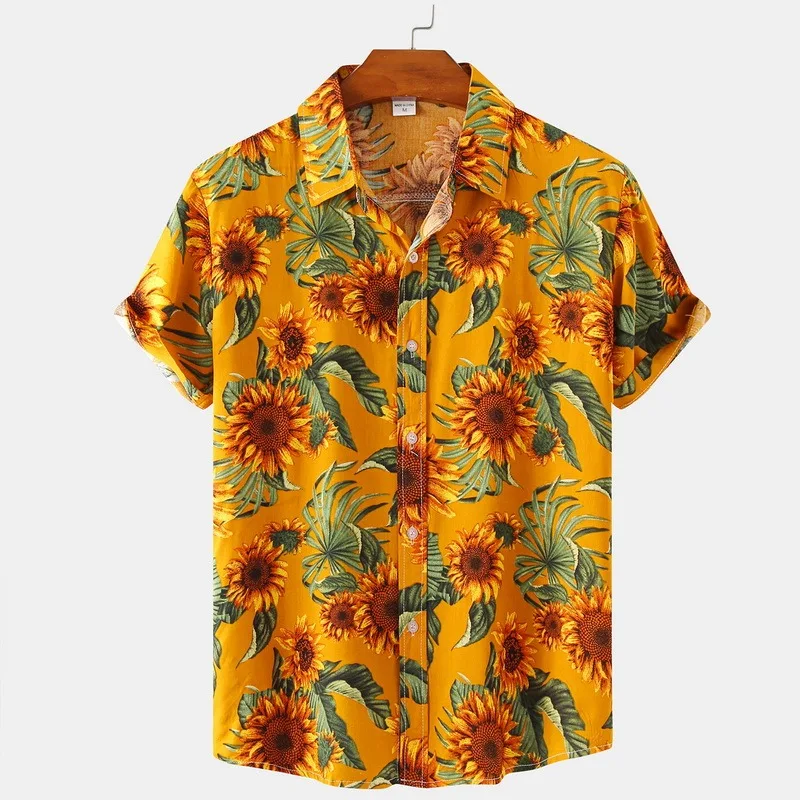 Мужская пляжная рубашка с принтом подсолнуха, белая гавайская рубашка с принтом, топ для отдыха и вечеринки, лето 2022 гавайская рубашка с принтом для мужчин повседневная дышащая футболка для отдыха на море и пляже лето