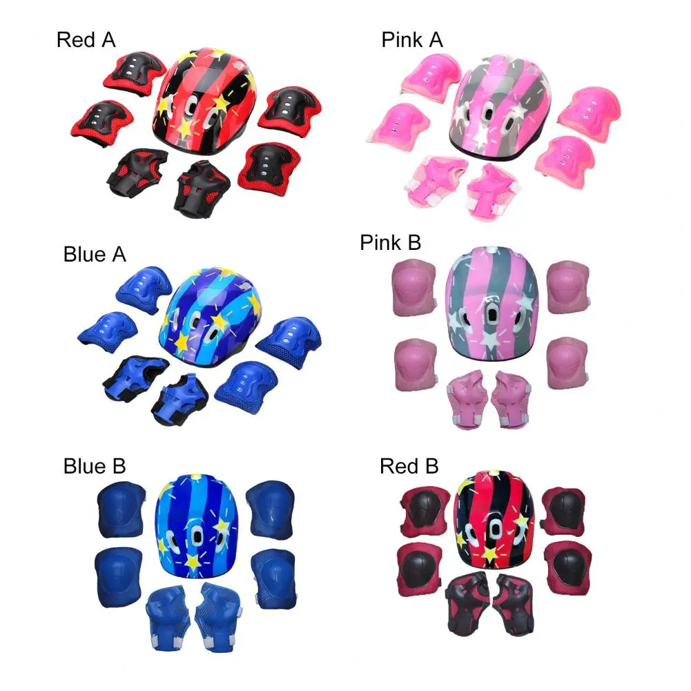 7 Pcs/ Set Kids Safety Knee Pad Wear Resistant Sweat Absorption Accessory Cycling Helmet Knee Elbow Pad Set Riding Skateboard