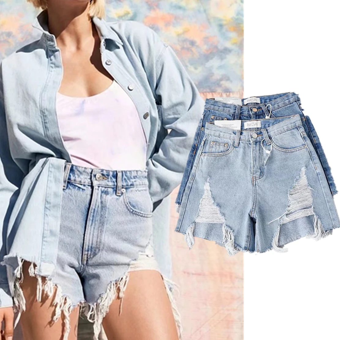 

Withered Fashion with Holes Mom Denim Bermuda Ins Blogger High Street American Retro Solid Color Washed Whiskered Shorts