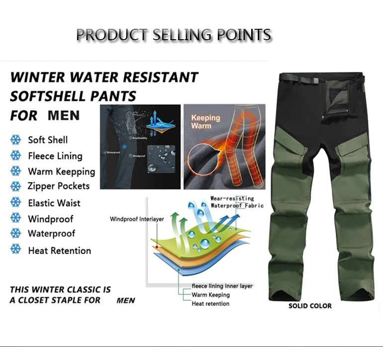 Description Picture 3 of itemWinter Mens Softshell Hiking Pants Outdoor Thick Warm Fleece Waterproof Fishing Skiing Camping Windproof Multi Pockets Trousers