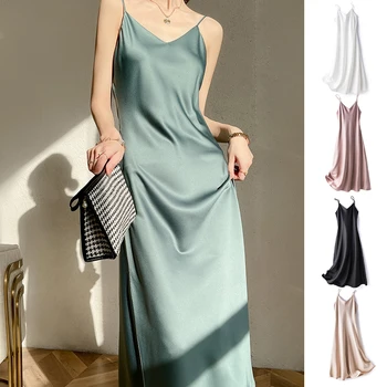 Womens Sexy Cami V Neck Satin Faux Silk Long Dress Evening Paty Club Cocktail Sling Sleeping Female Sleeveless V-Neck Nightgowns 1