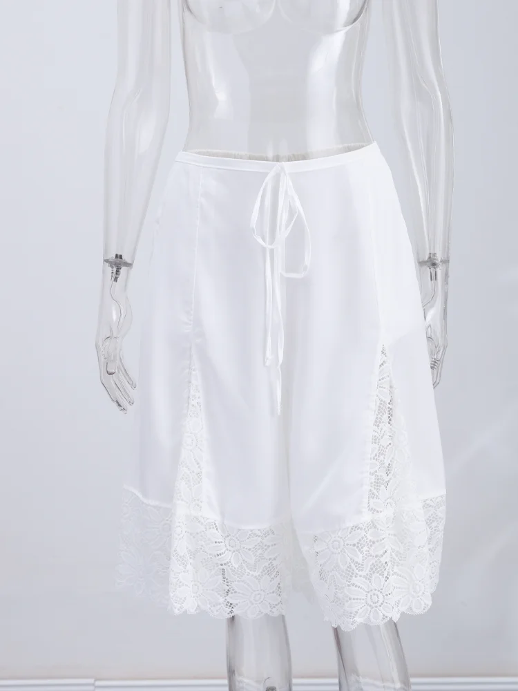 Lace Patchwork Shorts Women's Satin Pants Trim Bermuda Trousers High-Waisted Drawstring Loose Casual Wide-Leg Summer Wear