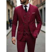 3 Piece Burgundy Men's Suits Elegant Full Set Single Breasted Peaked Lapel Blazer Formal Prom Business Suits(Jacket+Pants+Vest)