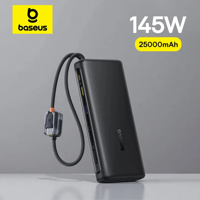 Baseus 145W Power Bank 25000mAh Fast Charging Built-In Type-C Cable Portable Battery Charger for iPhone Samsung MacBook Tablet
