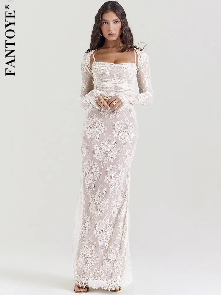 Fantoye Herbst Neue Doppel Schicht Spitze Frauen Zwei Stück Sets Weiß Langarm Spaghetti Strap Kleid Dünne Elegante Party Clubwear