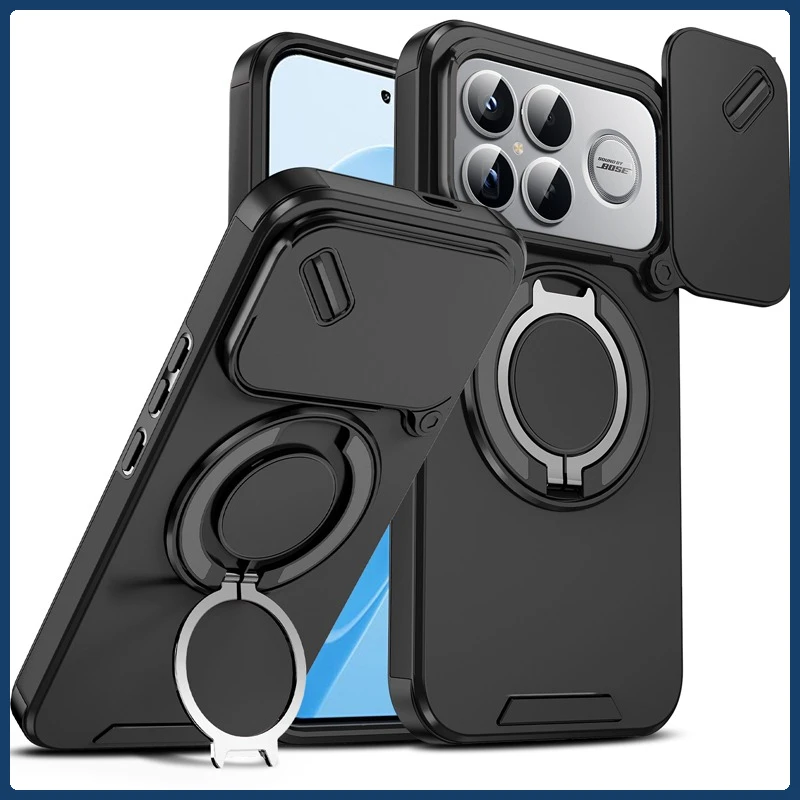 Magnetic PC + TPU Drop-Proof Rotatable Ring Stand Slide Camera Phone Case Cover