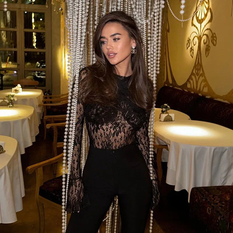 SKMY Autumn New 2023 Sexy Micro Transparent Embossed Lace Hollow Slim Fit Top with Crossed Style Long Sleeve jumpsuit for Women
