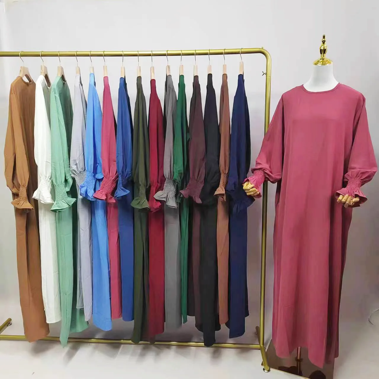 

Vintage Traditional Round Neck Flare Long Sleeve Loose Solid Color Long Dress