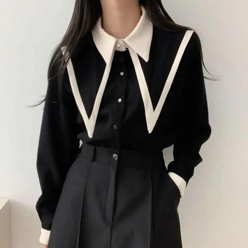 Elegant Vintage Edge Piping Peaked Collar Shirts Women Spring Loose Puff Sleeve Blouses Simple Single Breasted Tops exquisite women suits 2 pieces blazer dress double breasted peaked lapel party beads plus size tailored mother diamonds crystals