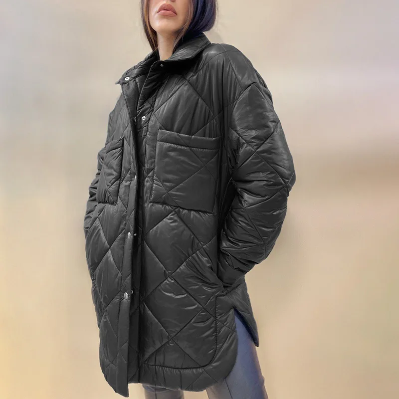 Fashion Cotton Midi Jacket Female Ladies Women Elegant Turn Down Collar Solid Front Buttons Parkas Fashion Simple Argyle Coat