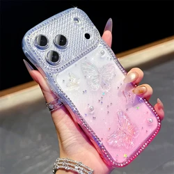 3D Butterfly Glitter Rhinestone Bling Sparkle Clear Phone Case with Lens Film - iPhone 15 Plus (Pink)