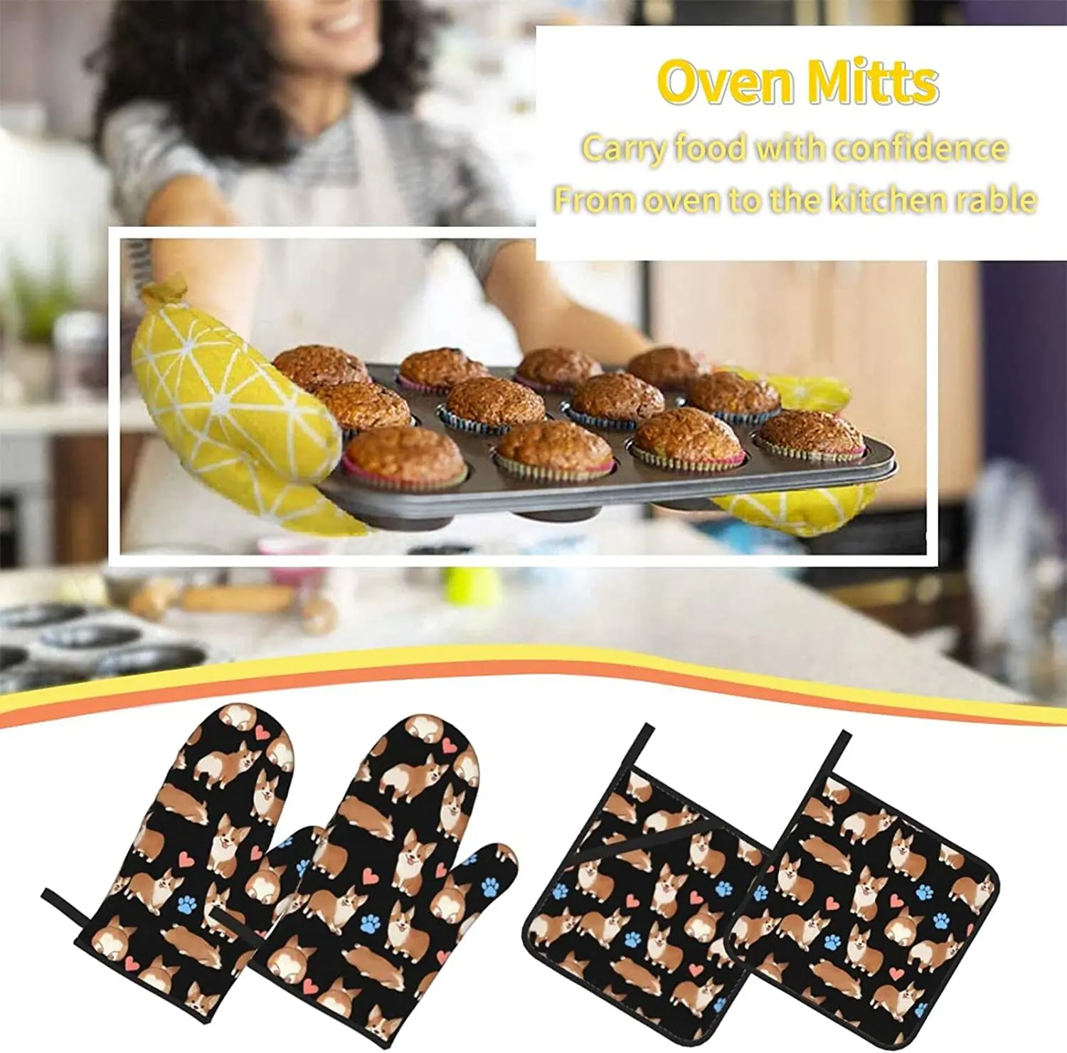 Cute Corgi Oven Mitts and Pot Holders Kitchen Set Heat Resistant Cooking  Mitts