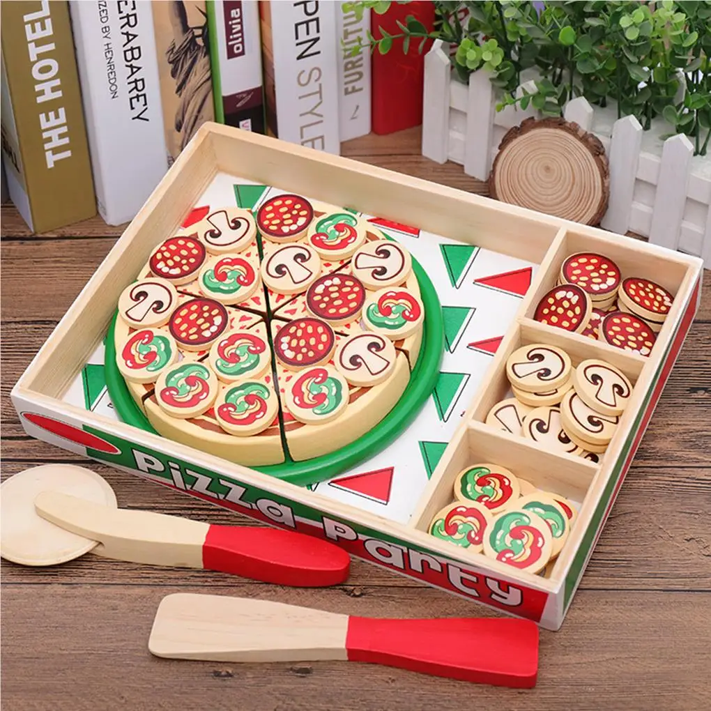 Wood Pizza Toy Educational Food Set Simulation Kids Children Pretend Cooking Early Education Party Supplies Building Puzzles
