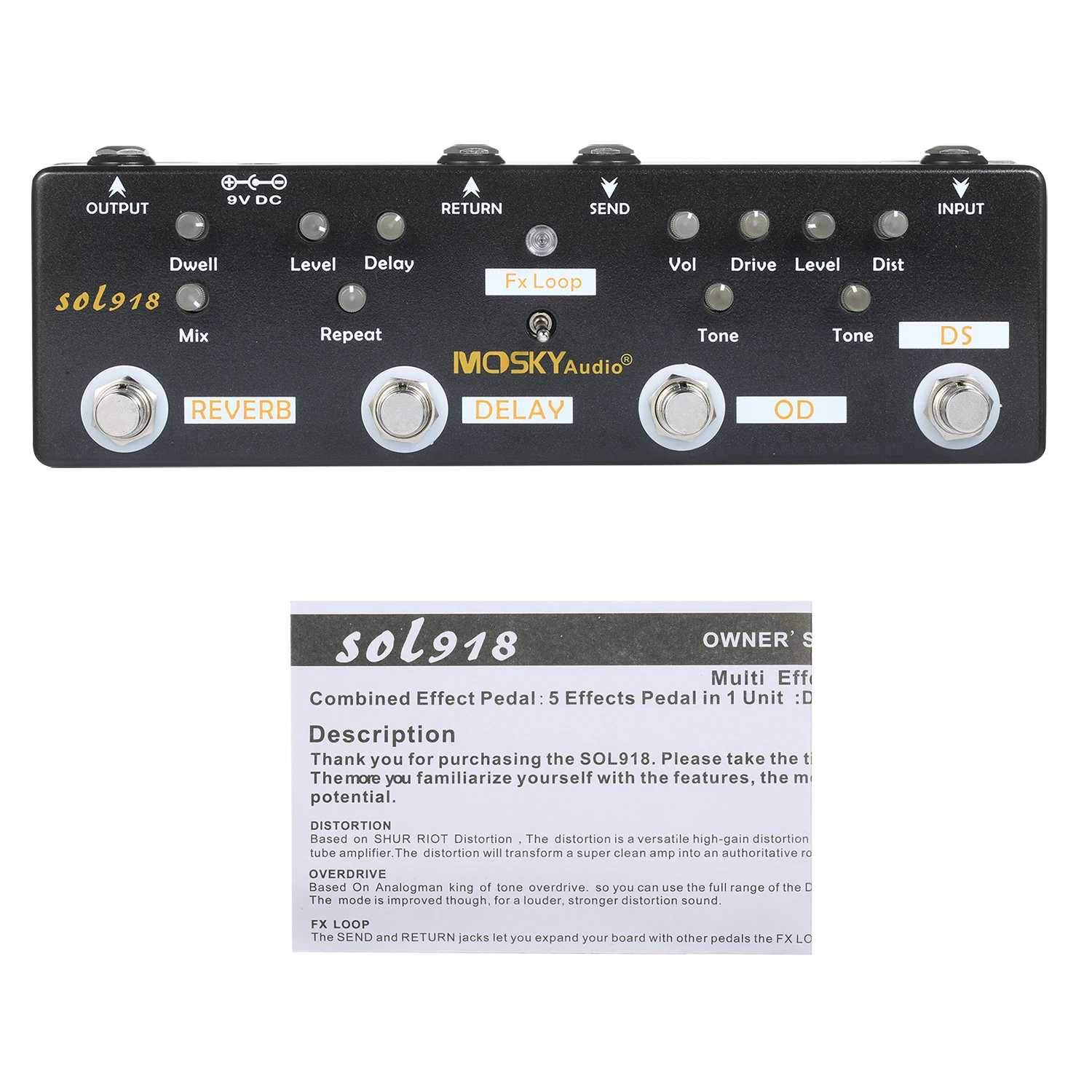 MOSKY Audio sol918 マルチエフェクター REVERB+DELAY+FX LOOP+OVERDRIVE+DISTORTION