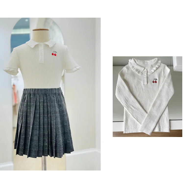AW Kids Sweaters Pullover for Girl Cherry Printed White Knit Sweaters Turn Down Neck Child Princess Knitted Top Clothes