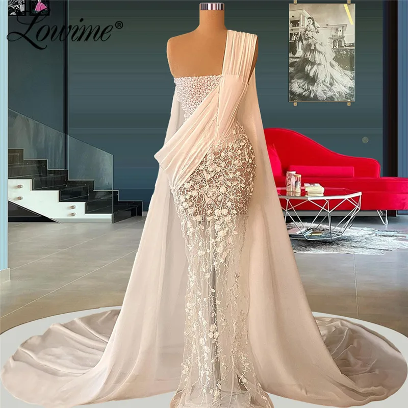 

Kaftan Pearls Long Party Dress For Weddings 2022 Lace One Shoulder Evening Gowns Couture Sexy Long Celebrity Dresses Robes