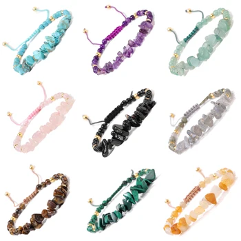 Hot Irregular Natural Stone Gravel Bracelet Green Aventurine Obsidian Pink Quartzs Chip Beads Braided Bracelets For Women Men