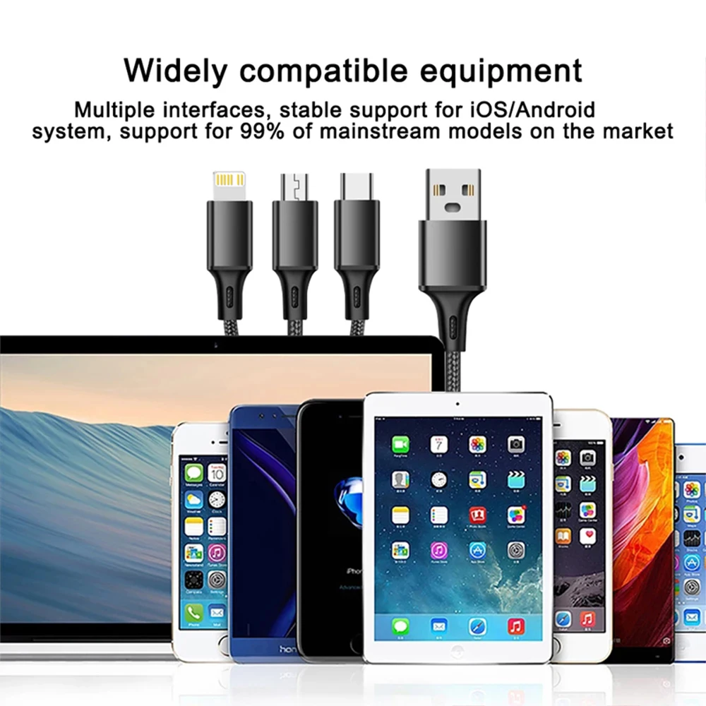 3 In 1 USB Charger Fast Charging Cable Type C Micro LIGHTNING Multi Charger Cable for iPhone Huawei Samsung Nylon Braided Cord BEST SELLERS
