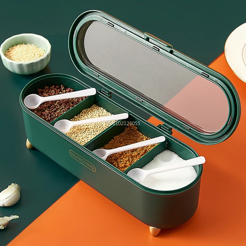 Nordic 4 Grid Spice Jar Salt and Pepper Shakers Spice Container Set Oval Transparent Cover Seasoning  Box Moisture Proof Box