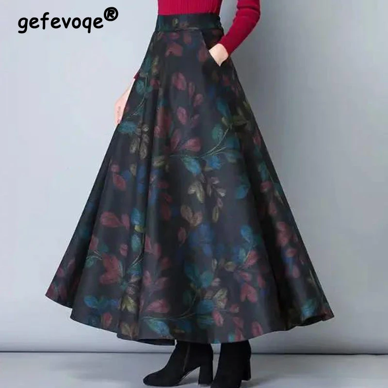 

2023 Spring Autumn Vintage Floral Plaid Printed Elegant Party Maxi Skirt for Women Fashion High Waist Loose A-line Ladies Skirts