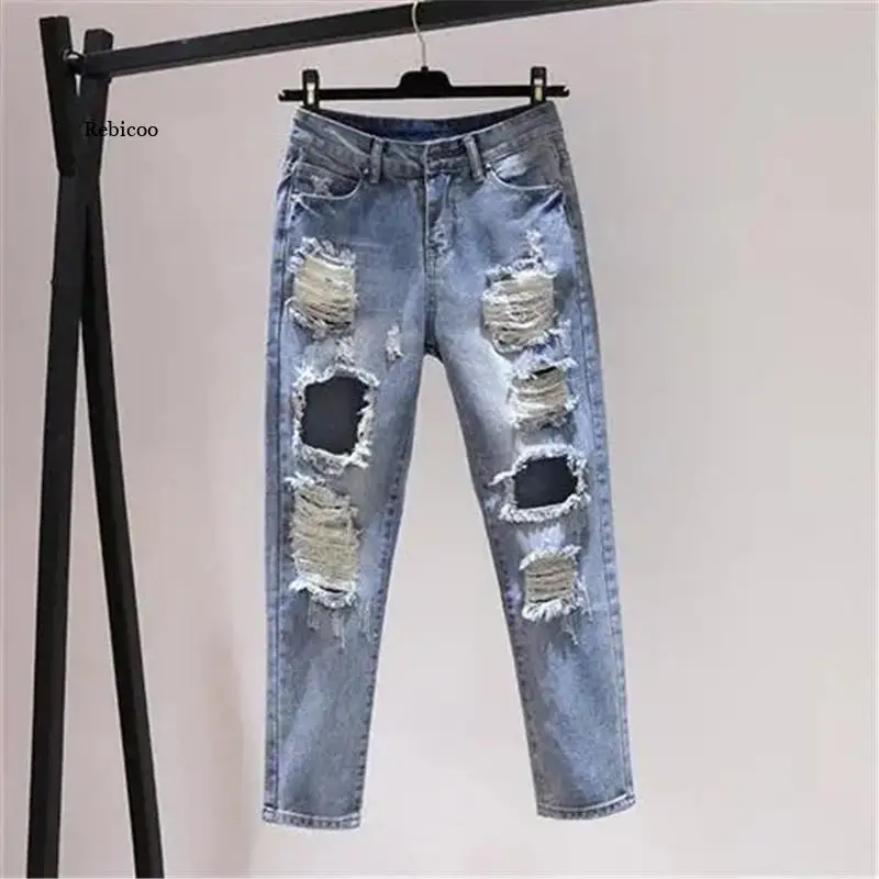 

Женские джинсы, новинка 2022, брюки-султанки с высокой талией, женские потертые джинсовые брюки с дырками, повседневные брюки