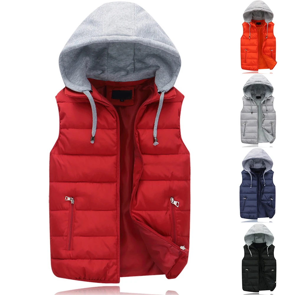 Description Picture 2 of itemFashion Men's Warm Padded Vest With Hood Windproof Sleeveless Zip-up Solid Color Casual Jacket Vests Waistcoat Man Clothing