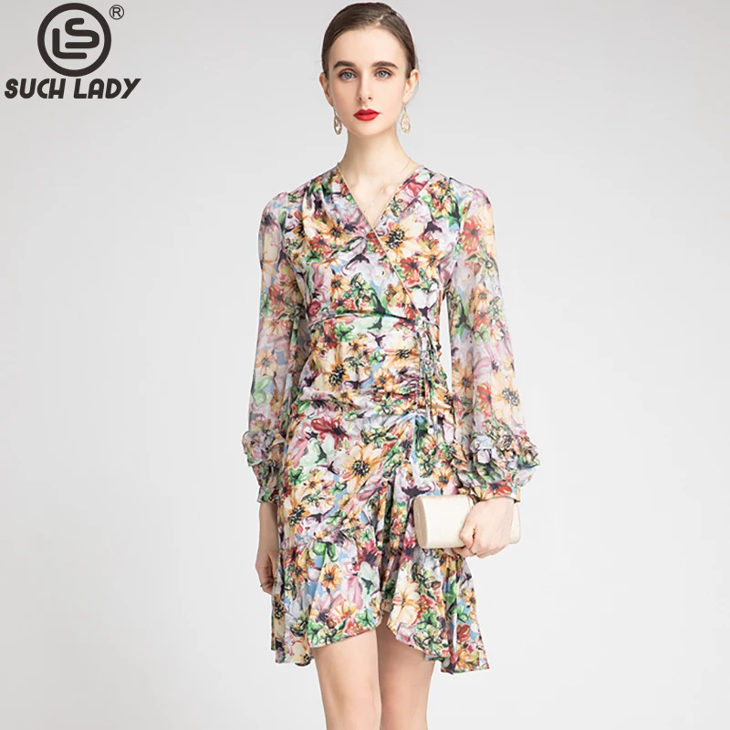 

Women's Runway Dress Sexy V Neck Long Sleeves Floral Printed Draped Ruched Ruffles Fashion Sheath Designer Dresses Vestidos