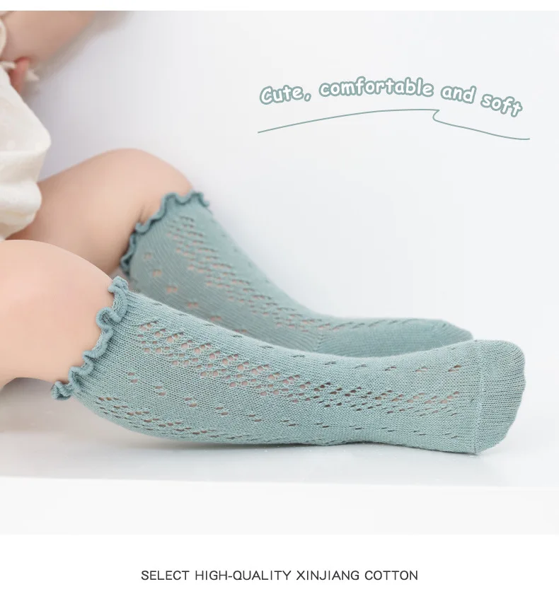 3 Paar Baby-Socken für Mädchen, Sommer, solide Spitze, kniehoch, Rüschen, für Säuglinge, Neugeborene, weiche Baumwolle, lange Netzsocken – Detail 12
