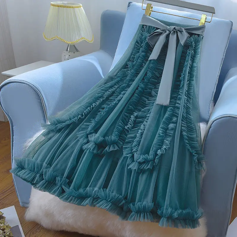 

Весенняя юбка, однотонная женская юбка с бантом, с поясом и деревянными ушками, пушистая юбка средней длины, трапециевидная юбка, женская одежда, топы, новинка 2023