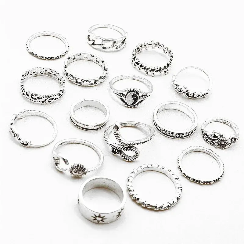 Retro Bagua Sun Moon Snake Leaf Flower Joint Ring Set 16Pcs/set
