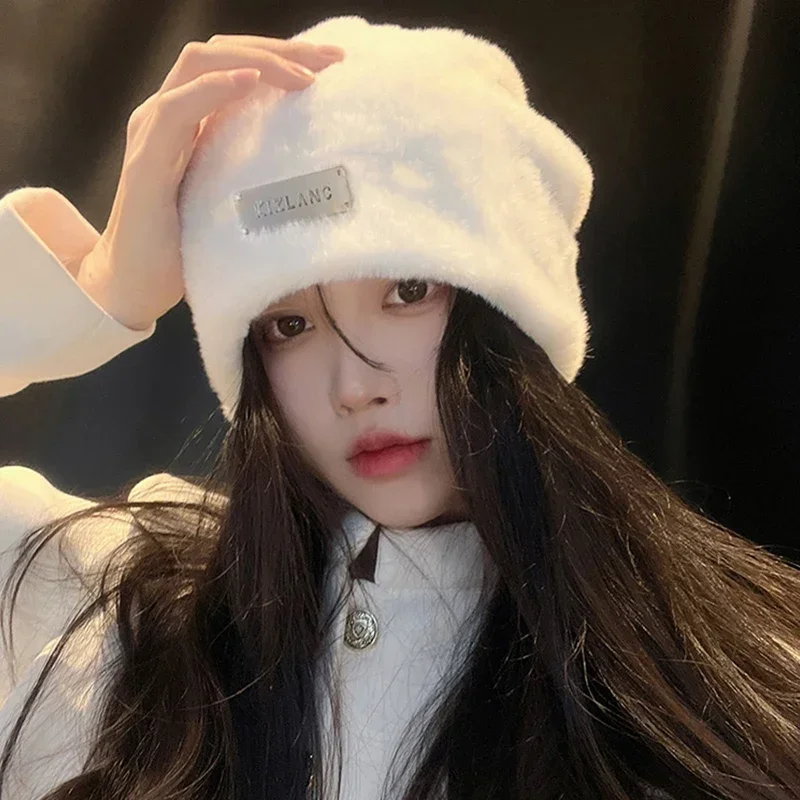 2024 New Fashion Rabbit Fur Y2k Beanies for Women Soft Warm Fluffy Angola Winter Hat Female Windproof Bonnet Hat Skullies Cap 6