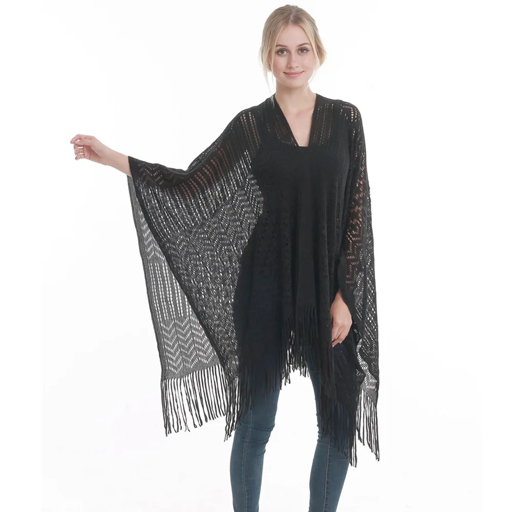 

New Plus Size Women Knitted Hollow Cardigan Luxury Autumn Striped Shawls Female Ovalrall Warm Sweater Ladies Tassel Wraps 2022