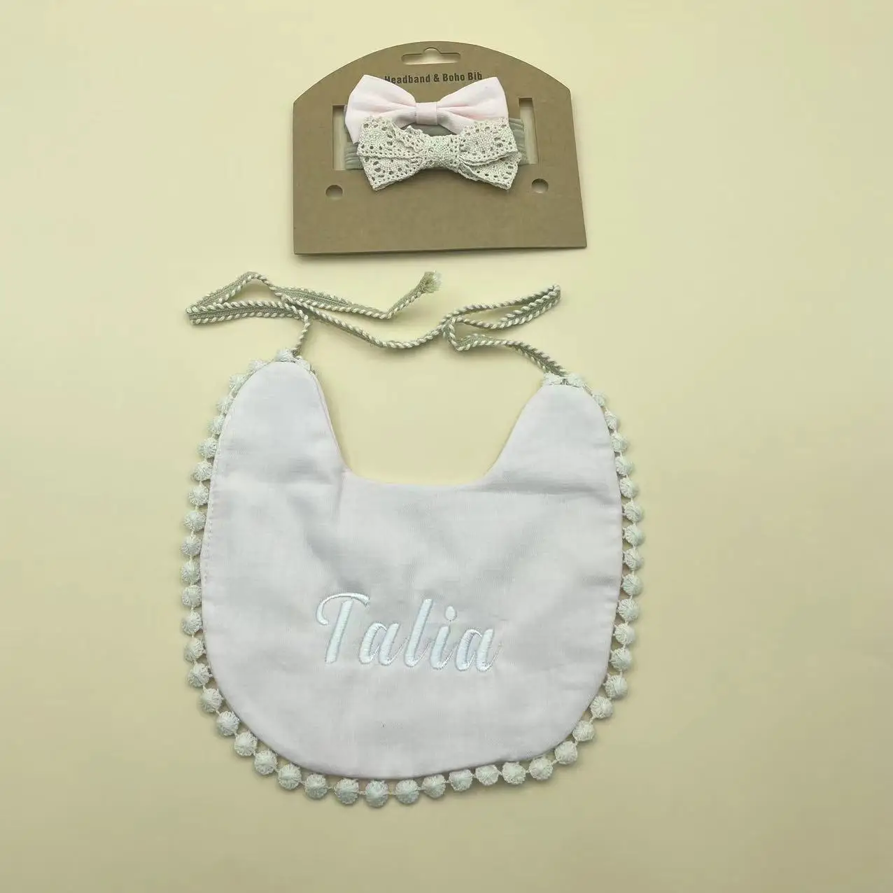 Personalisiertes Baumwoll-Baby-Lätzchen-Set mit Schleifen-Stirnband, Baby-Spucktuch, individuelles Sabbertuch, Neugeborenen-Geschenk – Detail 17