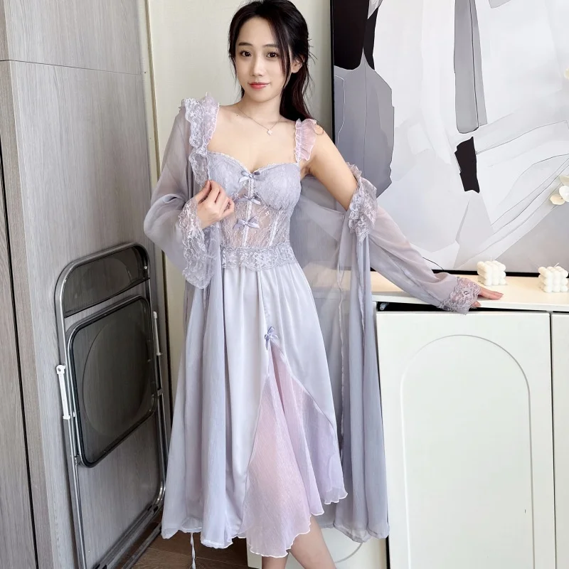 Summer Long Wedding Twinset Robe Set Nightgown Patchwork Lace Suspender Nightdress Bathrobe Gown Loose Silk Satin Home wear