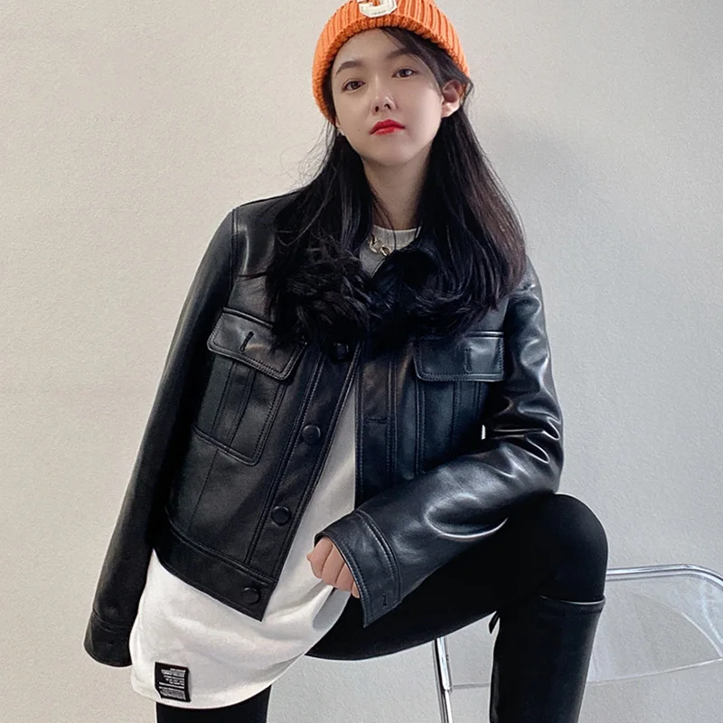 Leather Jackets Crop Biker Jackets 2022 New Autumn Women's Genuine Sheepskin Solid Single-Breasted Coats FG4032